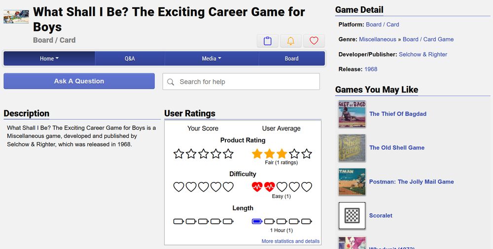 A screenshot of the GameFAQs page for What Shall I Be? The Exciting Career Game for Boys.