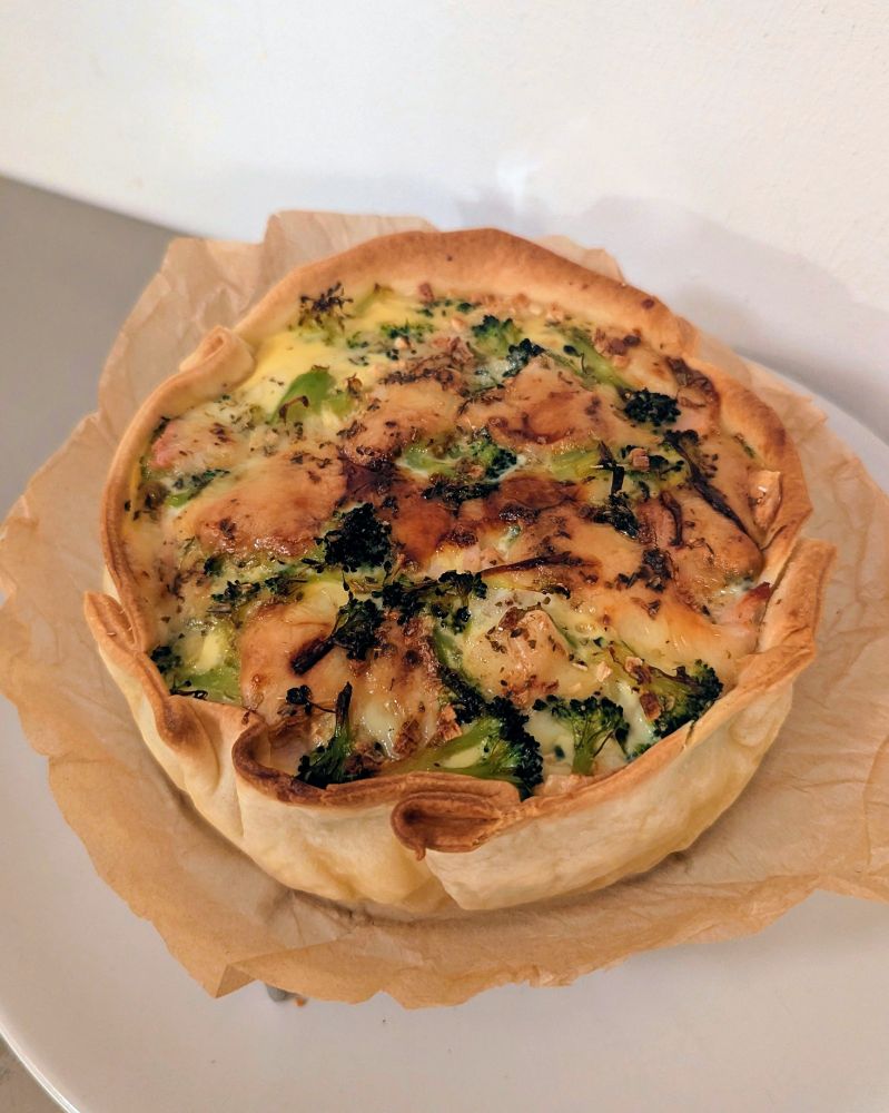 Left quiche. Chicken and broccoli and raclette cheese