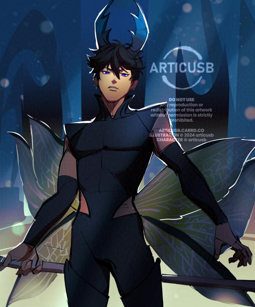 A young man looking down at you with one hand holding on the the shaft of a long spear. He looks ready to challenge you. He has cobalt blue eyes, short, scruffy black hair and the insect mandible-like horns from Hollow Knight's Mantis Lords. He's dressed in a fitted, black, shoulder-less outfit with triangular cuts revealing his side/abs. Splayed out behind his lower back are his praying mantis wings. There are subtle rays of lights coming from the top. The background is done with blues and greens with transparent, orange light particles and is made up of abstract shapes mimicking the backdrop for the Mantis Lords fight. 