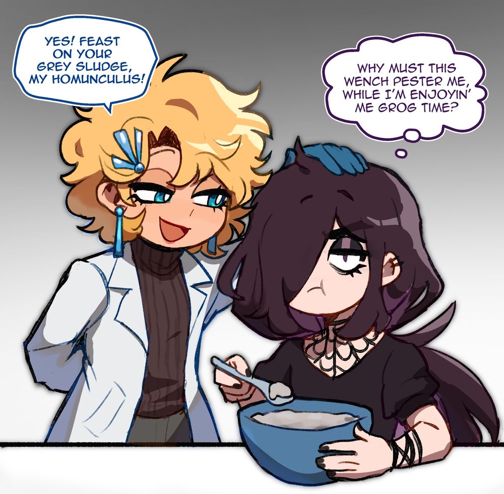 Illustration of my ocs Torty and Roland. Roland is the goth one eating grey sludge while being annoyed at Torty for pestering him and calling him a homunculus.