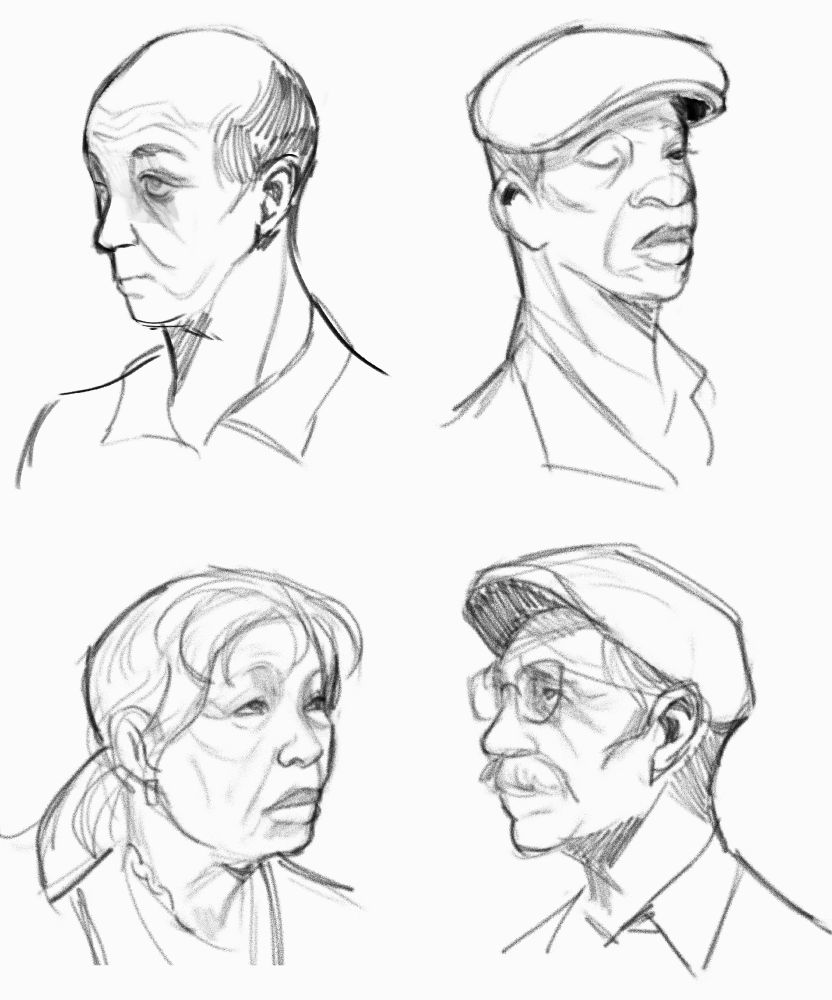 Sketch with 4 old people's portraits