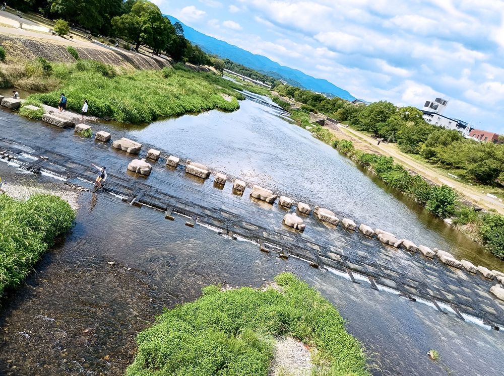 Kamogawa-River, Kyoto, Japan. Stepping stones in the river. 2025, August, 08.
