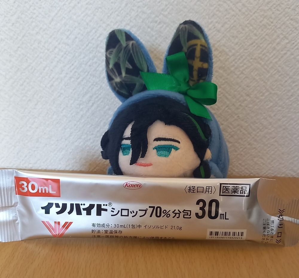 イソバイドシロップ(70%分包30ml)を見つめる、ちょっと虚無っぽい顔をしているように見える笹もち