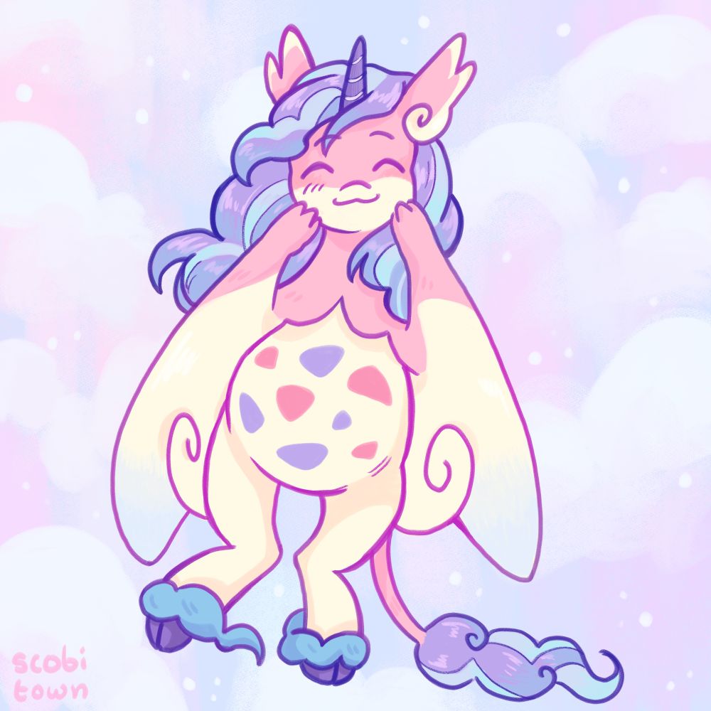 artwork of a pokefusion oc. she is a fusion between togekiss, audino, and galarian rapidash! 