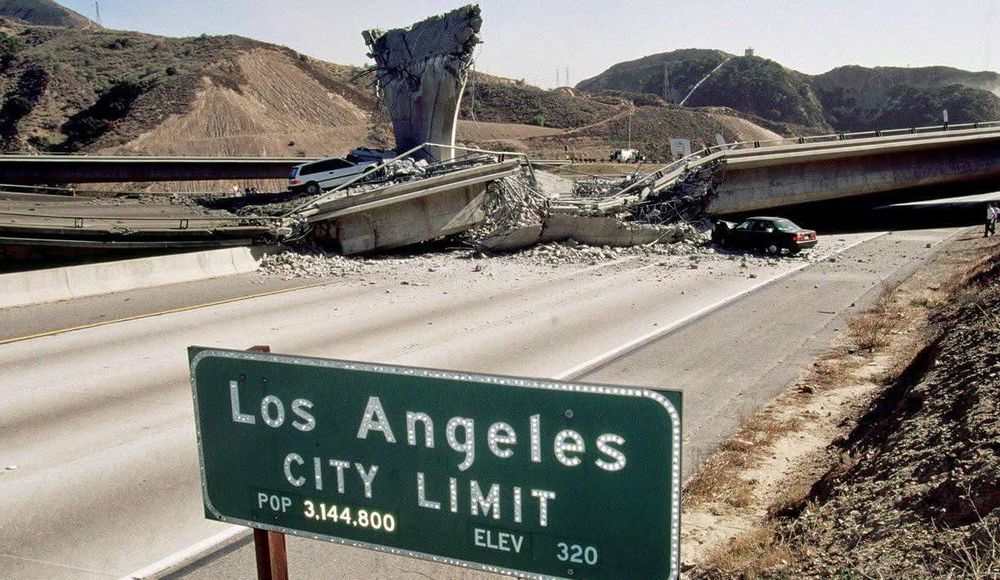 Collapsed freeway overpass. Northridge earthquake. Los Angeles. January 17, 1994.