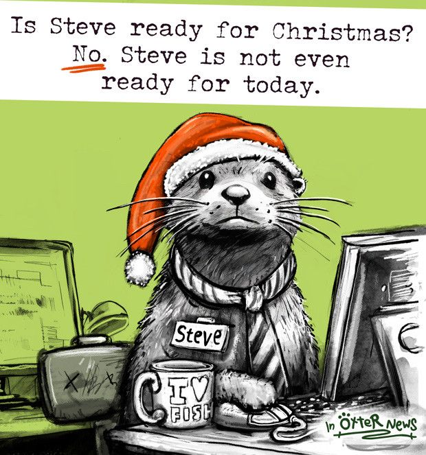 Cartoon otter wearing a Santa hat and "Steve" name tag is siting at a computer. Caption reads: "Is Steve ready for Christmas? No. Steve is not even ready for today."