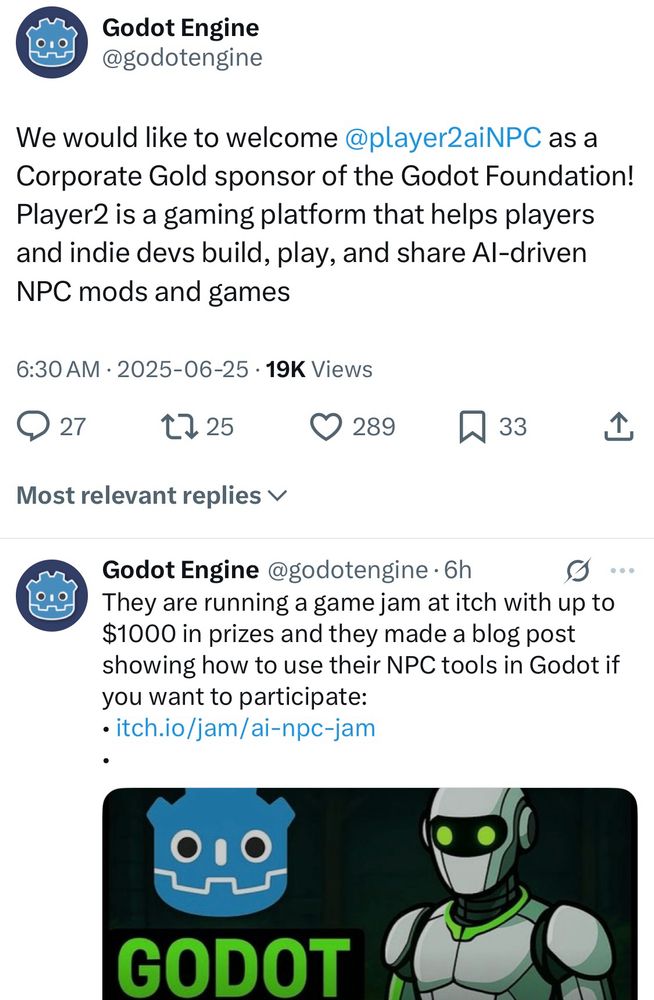 A screenshot of the announcement on the godot’s official twitter account that they’re partnering with some weird AI platform 