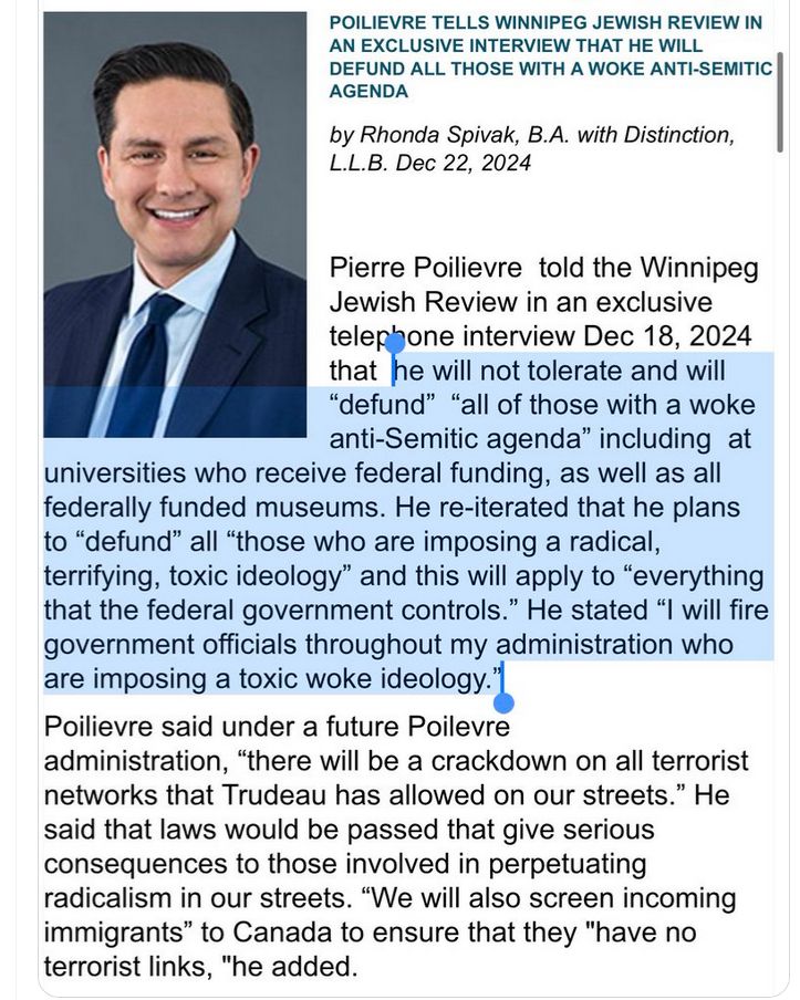 Sorry, too much to type out.
Poilievre nterview with the Jewish Review.