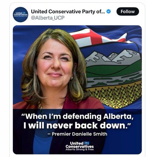 Pic of Danielle Smith:
"When I'm defending Alberta, I will never back down."