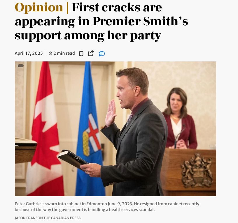 
Opinion | First cracks are appearing in Premier Smith’s support among her party
April 17, 2025
2 min read
Save

PIC: 
Peter Guthrie is sworn into cabinet in Edmonton June 9, 2023. He resigned from cabinet recently because of the way the government is handling a health services scandal.
JASON FRANSON THE CANADIAN PRESS 