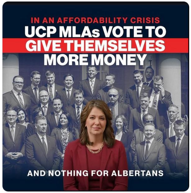 Pic of Smith and cabinet "In an affordability crisis UCP MLAs vote to give themselves more money and nothing for Albertans."