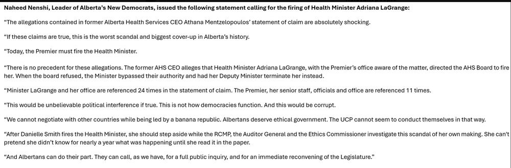 Nenshi's statement re firing LaGrange.

Sorry, I can't find a copy that I can copy and paste here.