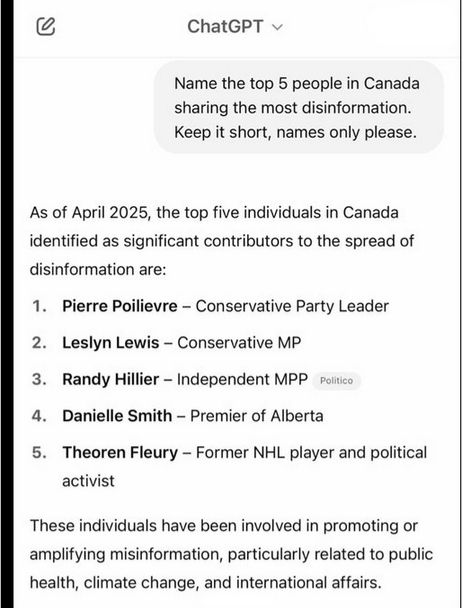 As of April 2025 the top 5 individuals in Canada identified as significant contributors to the spread of disinformation are" 1/ Poilievre
2/ Leslyn Lewis
3/ Randy Hillier
4/ Danielle Smith
5/ Theoren Fleury