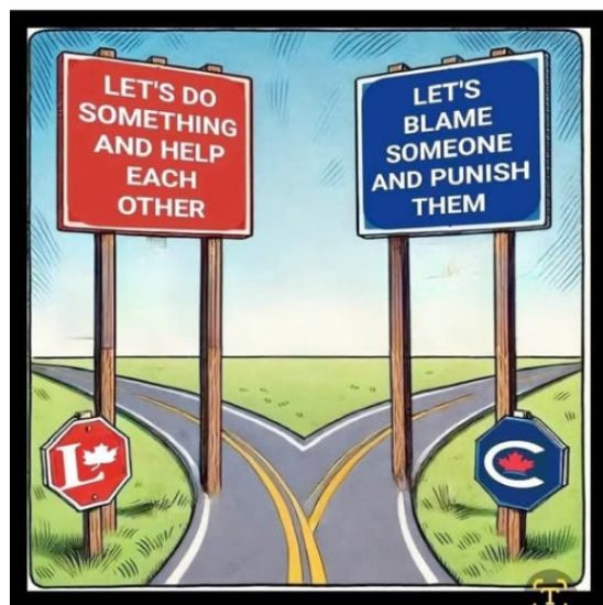 The choice is clear! Pic of two signs leading to two separate roads

In red "Let's do something and help each other"
A red L in a stop sign.

In Blue "Let's blame someone and punish them"
Blue stop sign with a C on it.