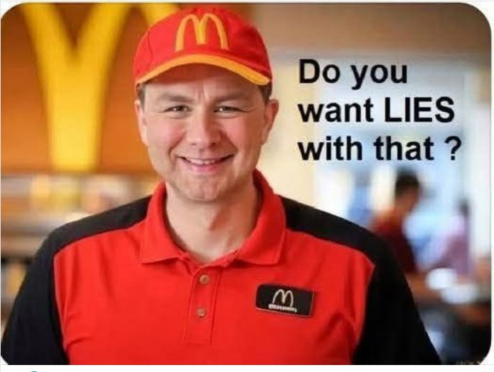 Pic of Poilievre in a McDonald's uniform.

Do you want lies with that?