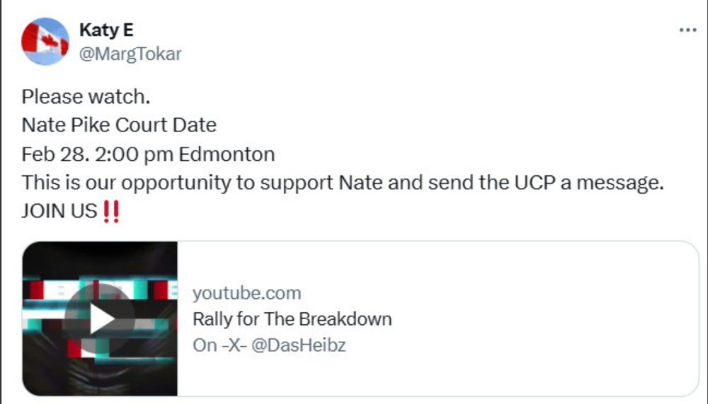 Katy E
@MargTokar
Nate Pike speaks for all of us. 
Now we must stand up and speak for him. 
Court date Rally 
Feb 28 2 PM Edmonton 

The UCP corruption partnered w/Mraiche to silence a voice for Albertans. 

WE WILL NOT BE SILENCED

Please REPOST friends‼️

https://www.youtube.com/watch?v=-ZlruXBx33I