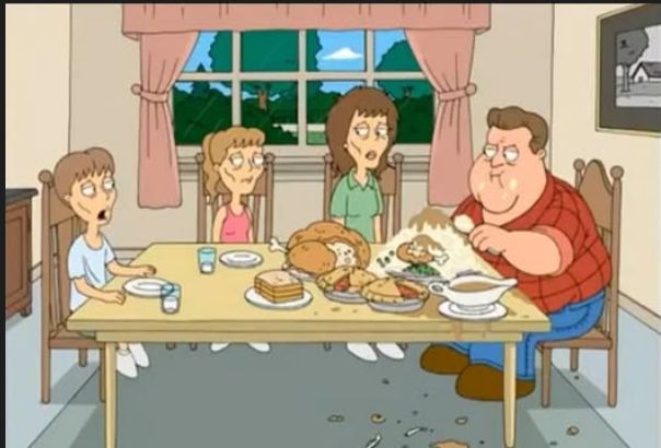 A pic of a family at the dinner table with hollowed out cheeks while the overweight father has a huge turkey dinner in front of him and a mountain of food on his plate.