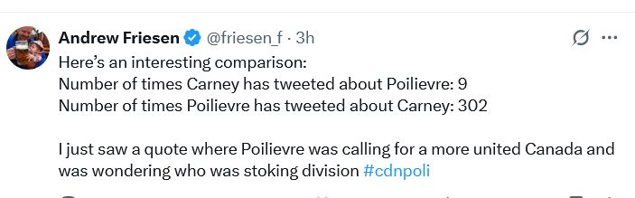 Andrew Friesen
@friesen_f
Here’s an interesting comparison:
Number of times Carney has tweeted about Poilievre: 9
Number of times Poilievre has tweeted about Carney: 302

I just saw a quote where Poilievre was calling for a more united Canada and was wondering who was stoking division #cdnpoli