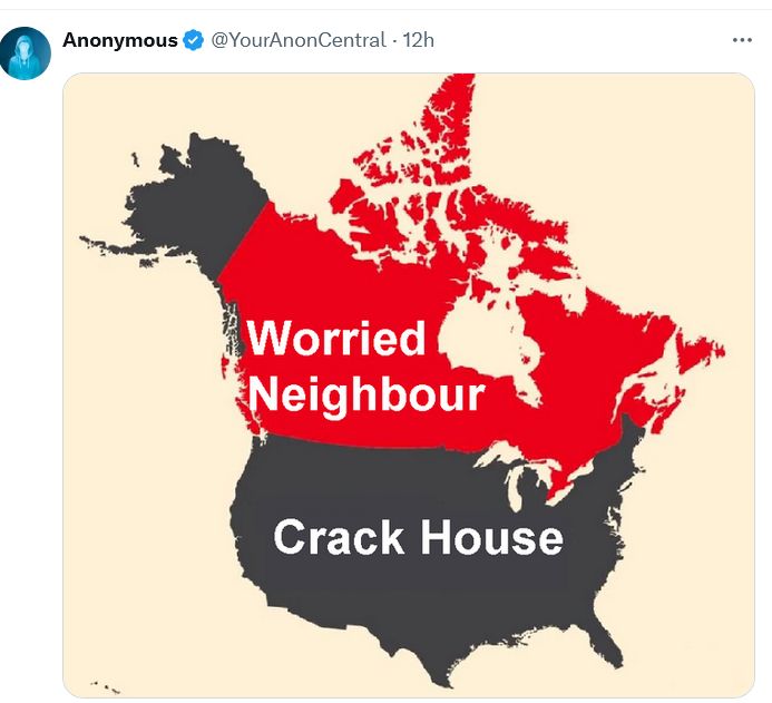 Map of North America with Canada in red as the "Worried Neighbor" and the US in black as the "Crack House"