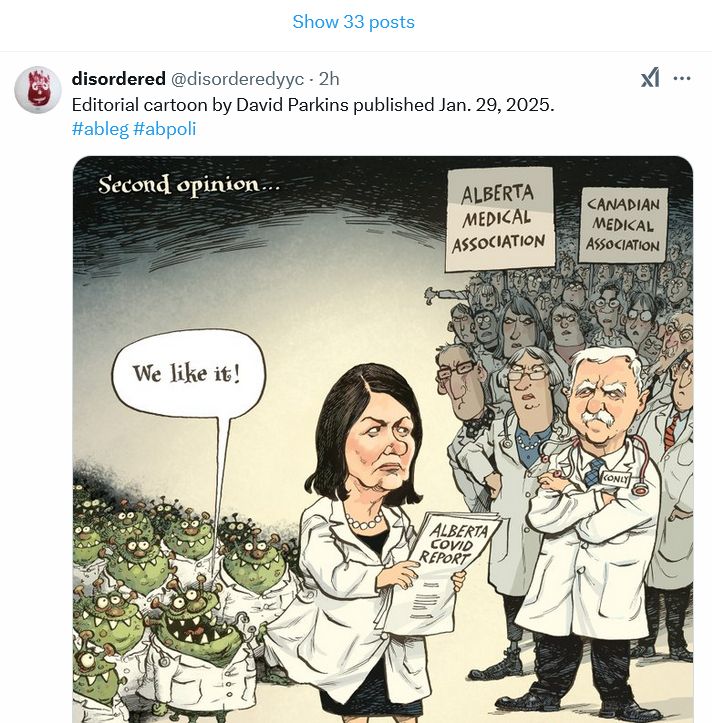 Smith holding a copy of her bogus COVID report with the AMA and the CMA doctors looking on in disgust, her supporting doctors looking like green moronic cartoon characters standing behind showing agreement.