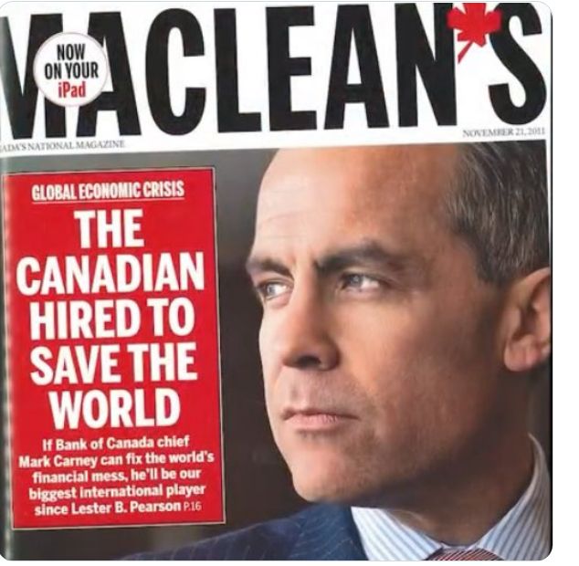 The cover of Maclean's magazine.

A pic of Carney
The Canadian hired to save the world.

If bank of Canada chief Mark Carney can fix the world's financial mess, he'll be our biggest international player since Lester B Pearson.