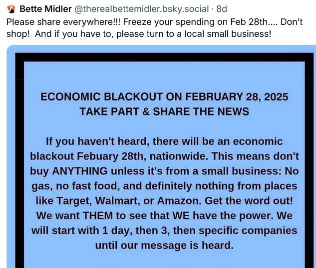 Bette Midler posted about the economic black out on Feb. 28.
