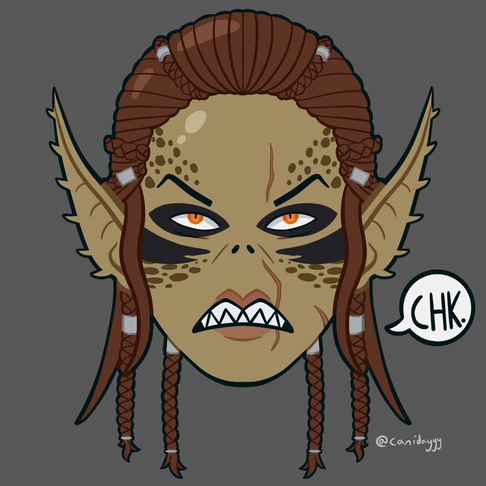 Face-on portrait of Lae’zel from Baldur’s Gate 3. Her expression is deadpan, to the audience-right of her is a speech bubble saying ‘CHK.’