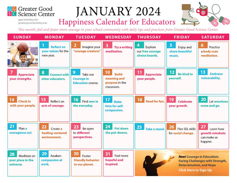 January calendar with tips, practices, and research for educators around courage and well-being.