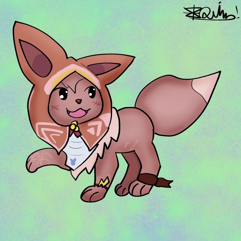 Eve the eevee looking back at something offcamera, with one front paw raised. 