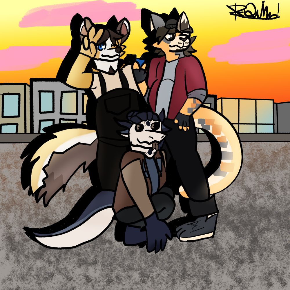 a hyena / dog hybrid, a cat, and a dragon pose in front of a sunset on the top of a building. 