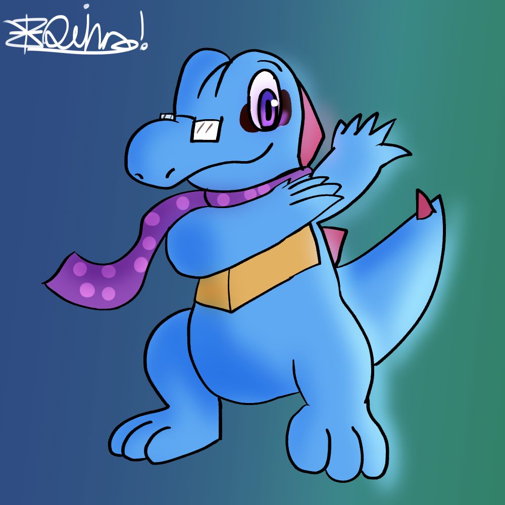 Happy the totodile striking a pose with a gradient behind them. 