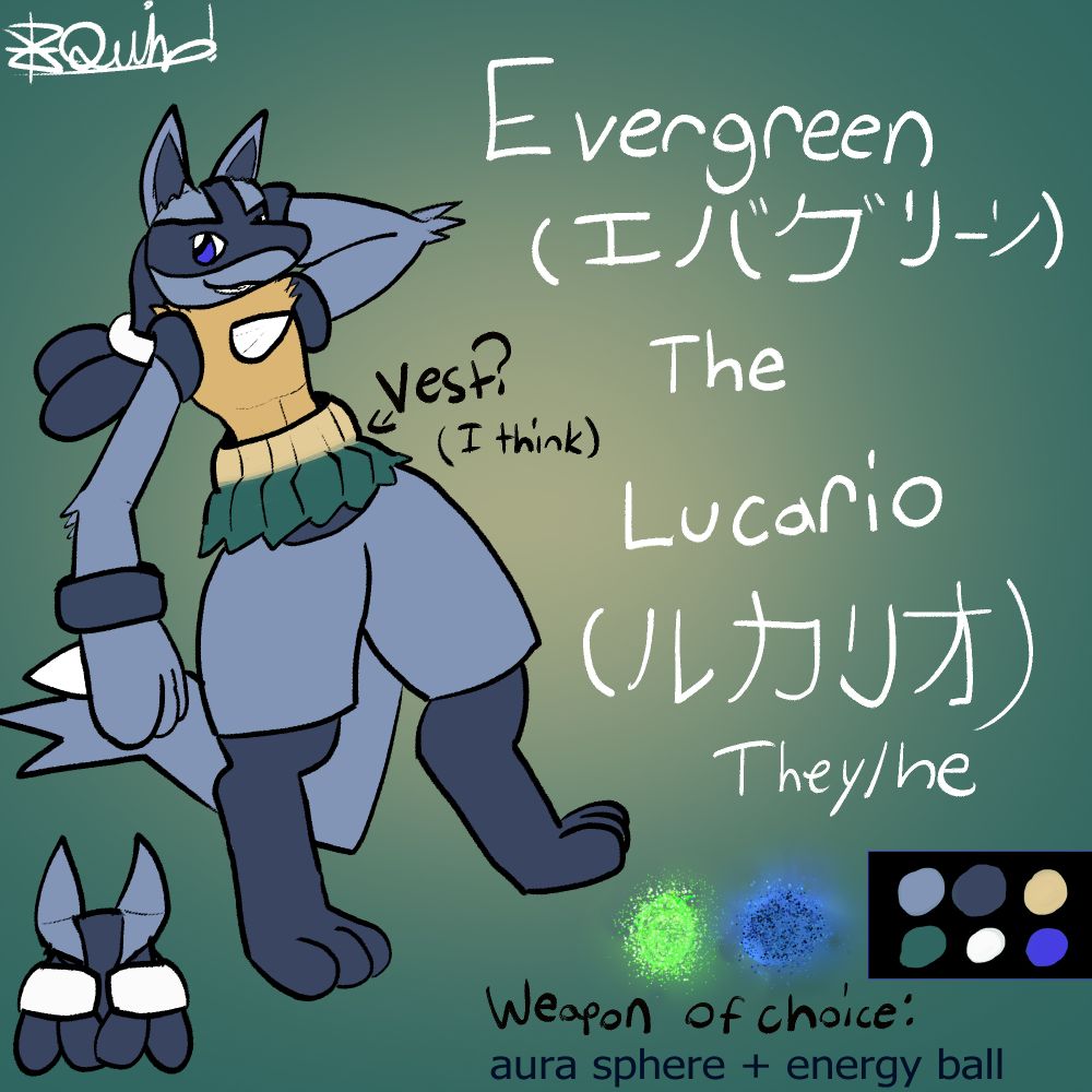 ref sheet for Evergreen, the Lucario. They are seen with one paw behind their head as they wear a vest (?) on their waist.