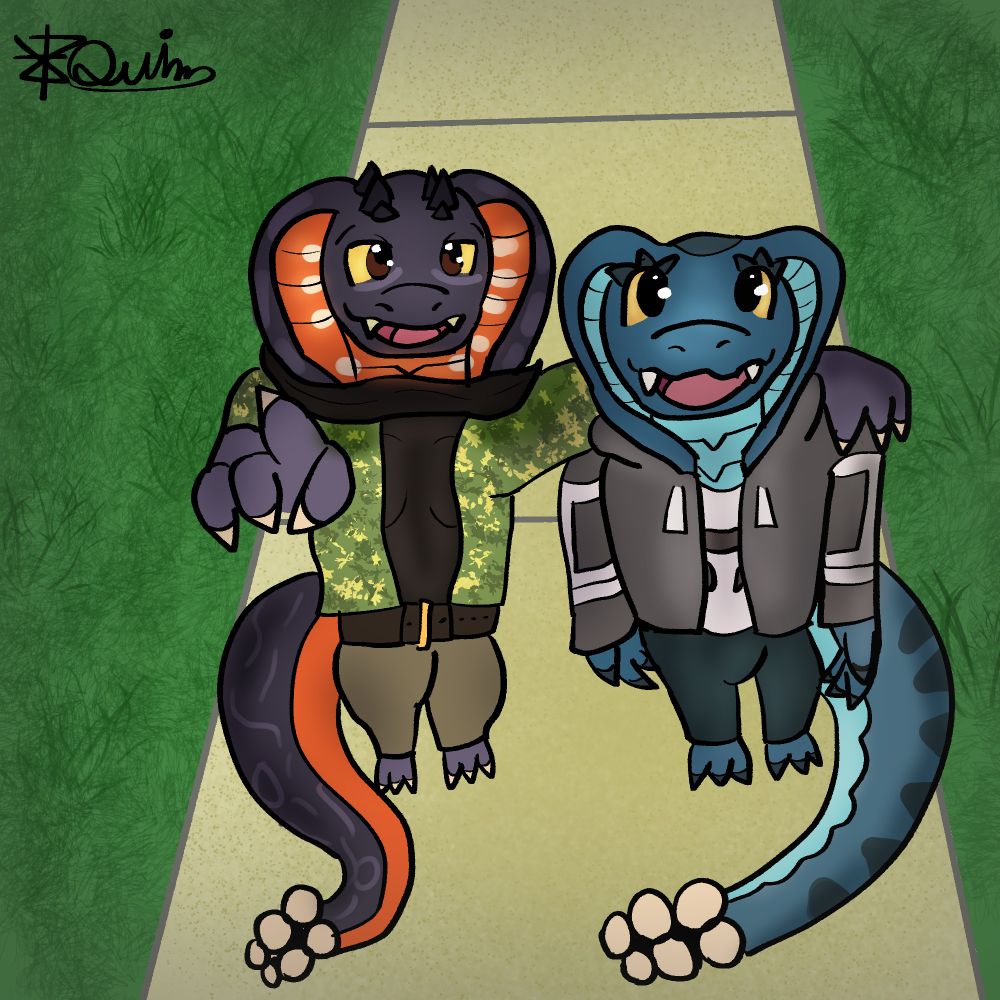 Mattieu, an anthro snake, is pointing up at the camera, holding his brother (Cy, also an anthro snake) by the shoulder.