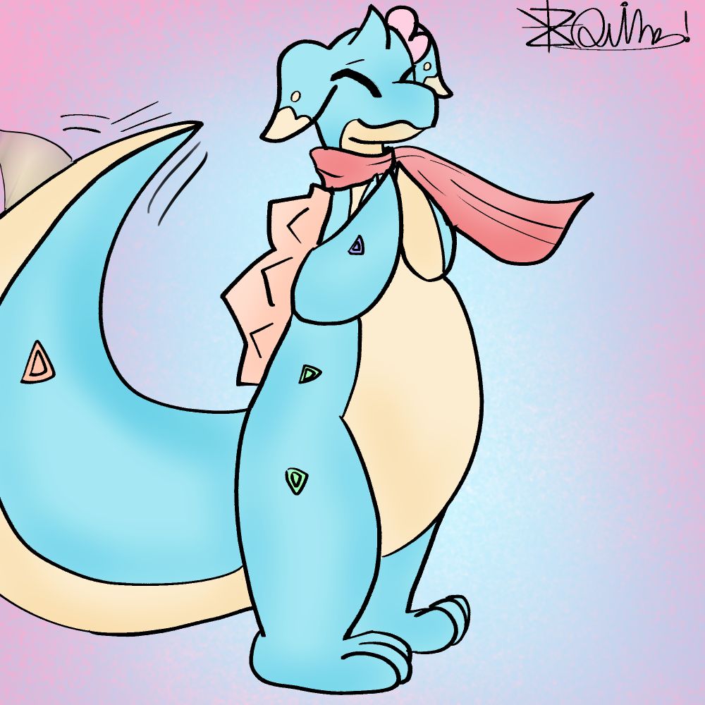 Ceru's Lapras character, Serenade, has their flippers together with their tail wagging. 