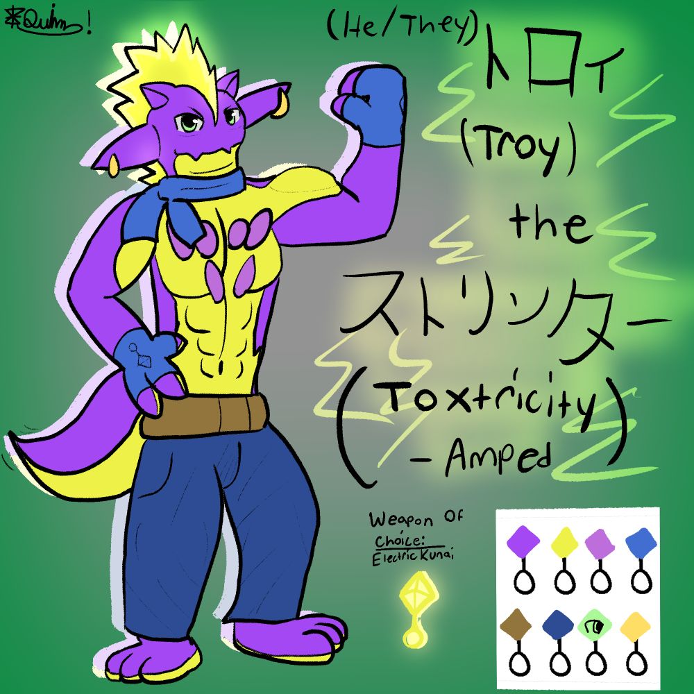 An image of Troy, a toxtricity, posing for the camera. He is seen with a blue scarf, gloves, and dark blue jeans. He also has a big tail, different than the regular one. 