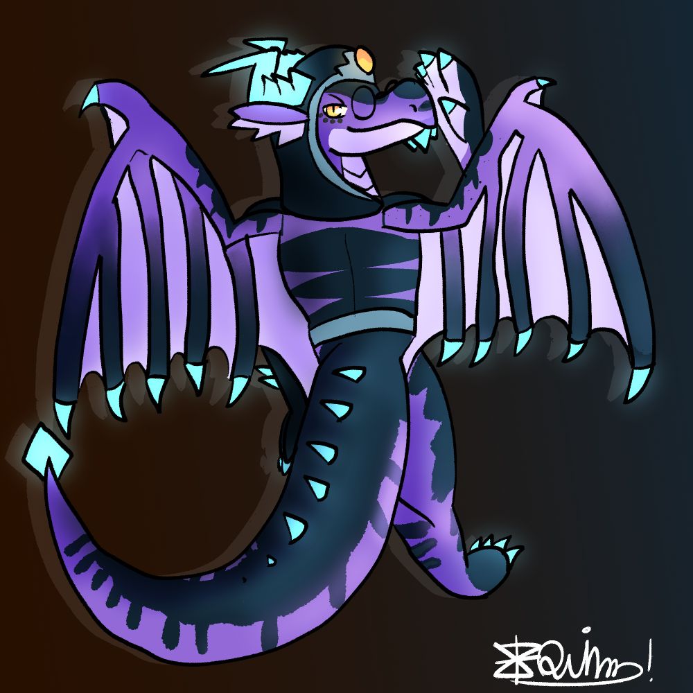 a dragon with purple as a primary color and navy blue as a secondary color is posing, looking back toward the camera.