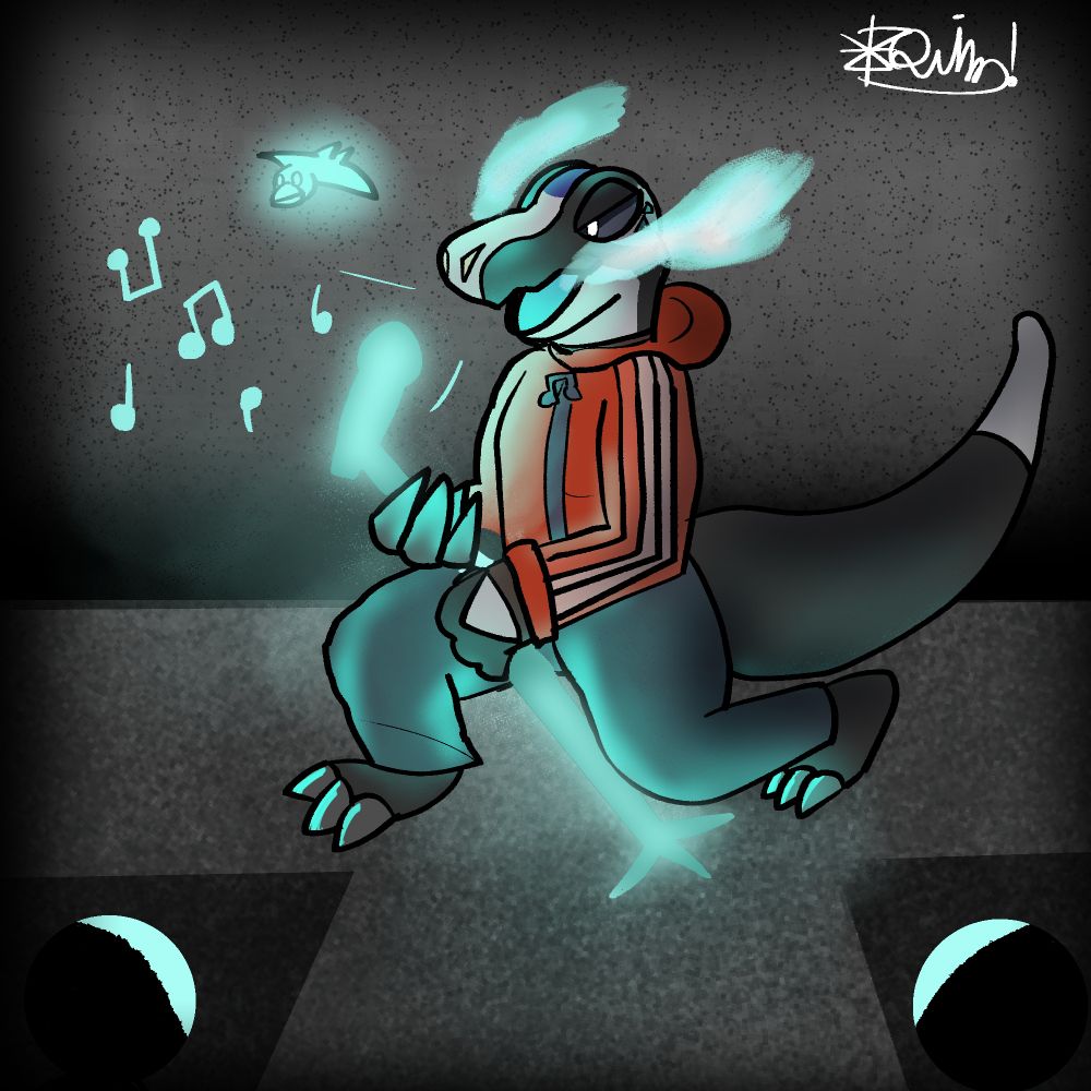 a skeledirge, a fire type, is performing on a stage, with audience members watching as he sings. a little bid is also flying around him. 