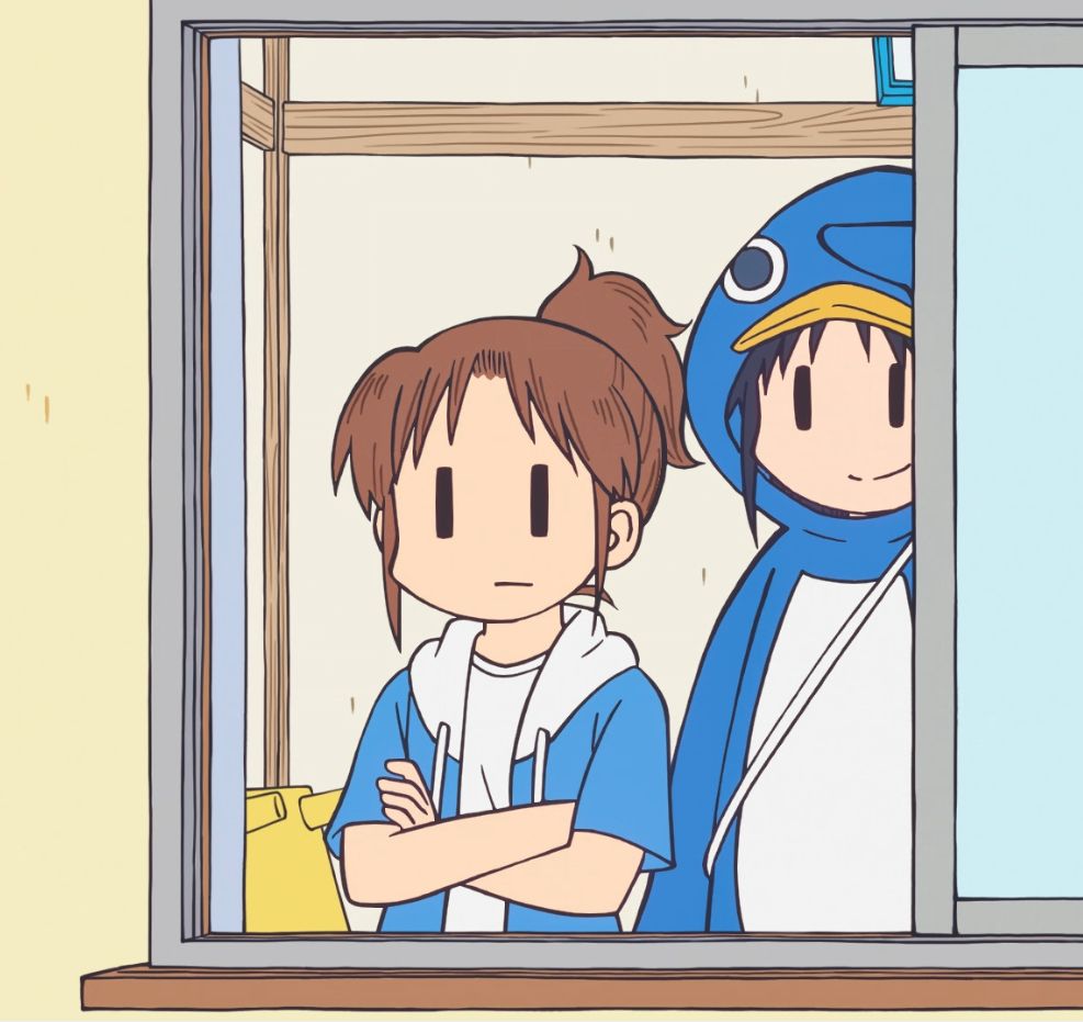 evil and intimidating wako izumi in a penguin suit. except she isn't really that intimidating at all and is just smiling while standing behind nagumo