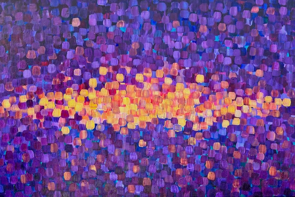 Purple and violet abstract painting with swath of gold in the middle, signifying the most optimistic day of the year, Winter Solstice.