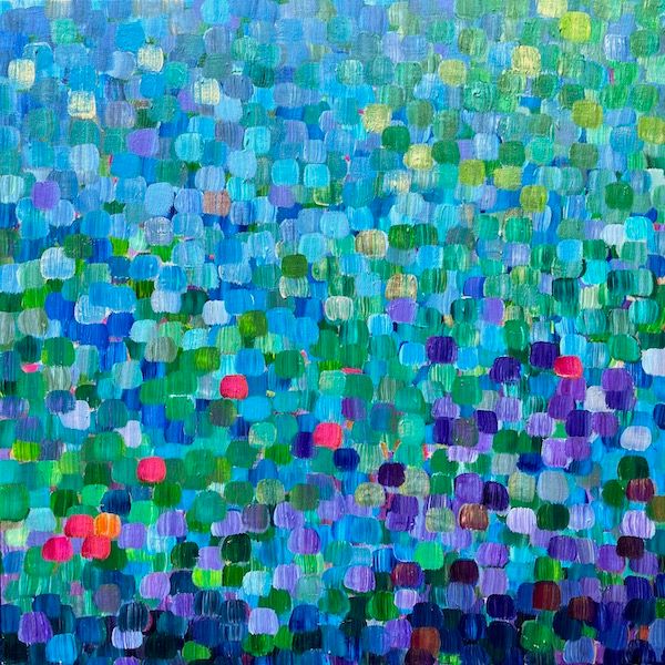 Pictured: An abstract painting with distinct brush marks, of blues, aqua, green, and purples, with a few pops of vibrant pink.