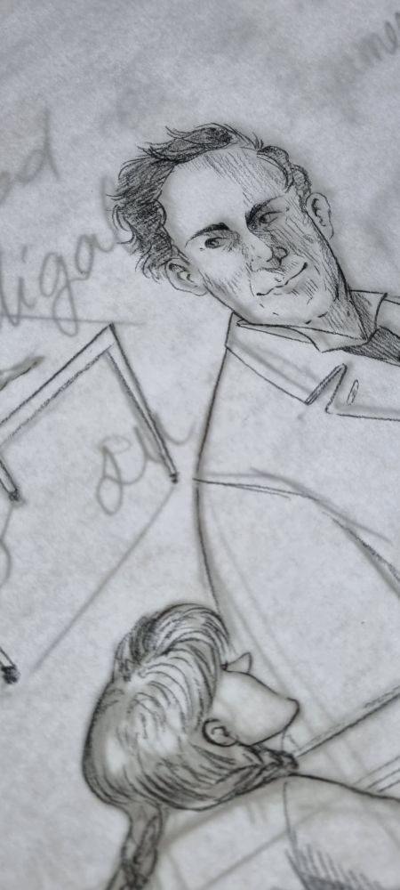 Lineart a lápiz de Machado con una alumna que lo escucha sobre mesa de luz.