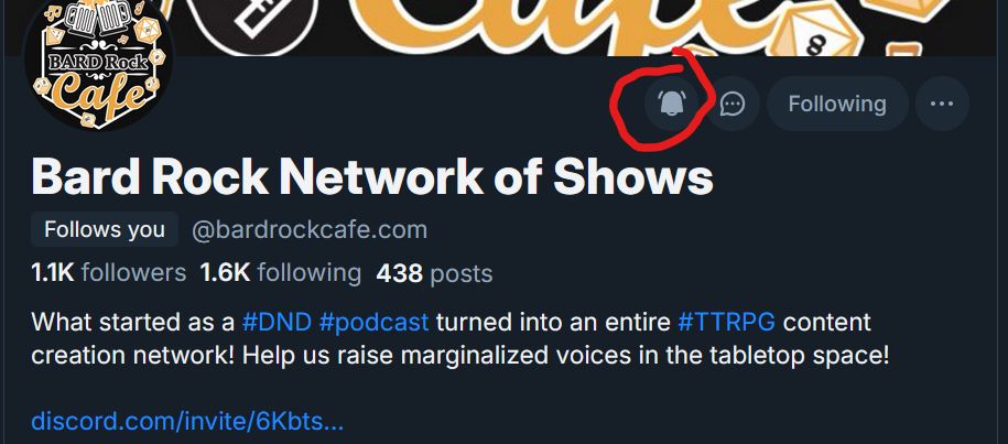 A screenshot of a followed account's profile with the small notification bell circled