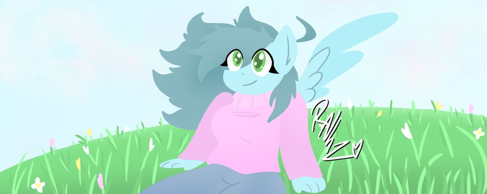 My Ponysona "Swift Breeze" sitting in a field with grass and flowers of different colors, referencing the Album cover for Porter Robinson's "Nurture".