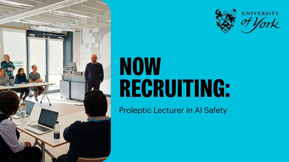 A man stands in front of a room of people delivering a lecture at the Institute for Safe Autonomy. To the right, black text on a blue background reads: Now recruiting proleptic lecturer in AI safety