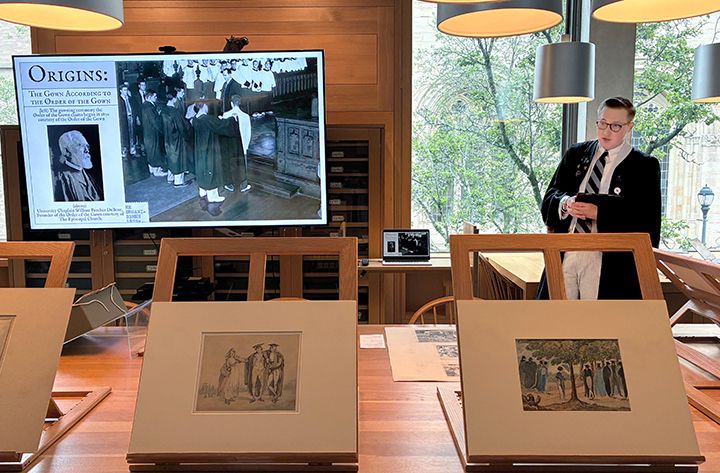 At the Yale Center for British Art, Michael Kolčun describes the development of academic dress at Sewanee during out colloquium in New Haven, Connecticut, on Friday, August 1, 2025.