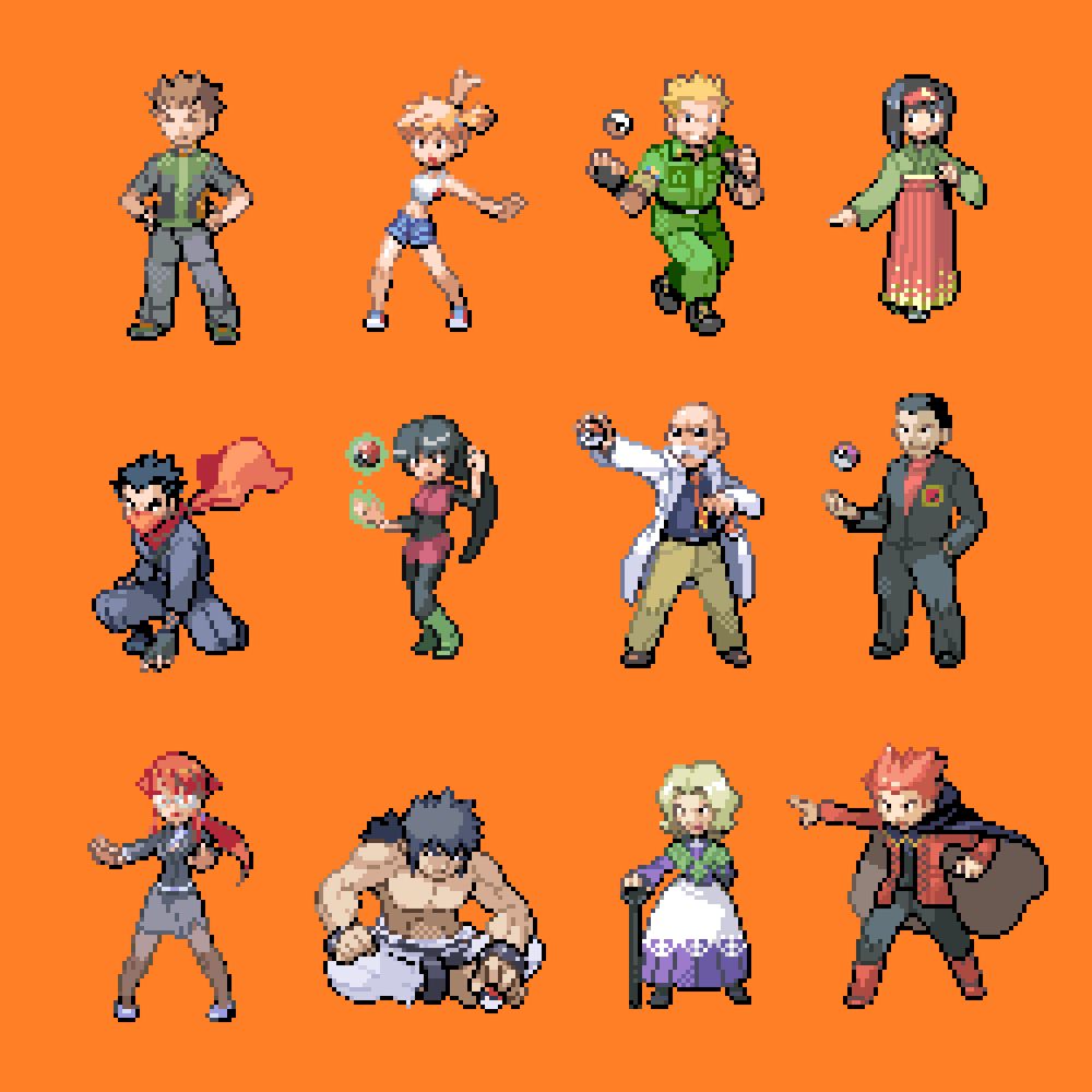 Edits of the Gym Leader and Elite Four sprites to match their designs from Pokemon Let's Go Pikachu and Let's Go Eevee