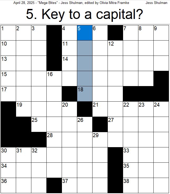 Crossword puzzle with 5-Down highlighted: [Key to a capital?] (five letters)