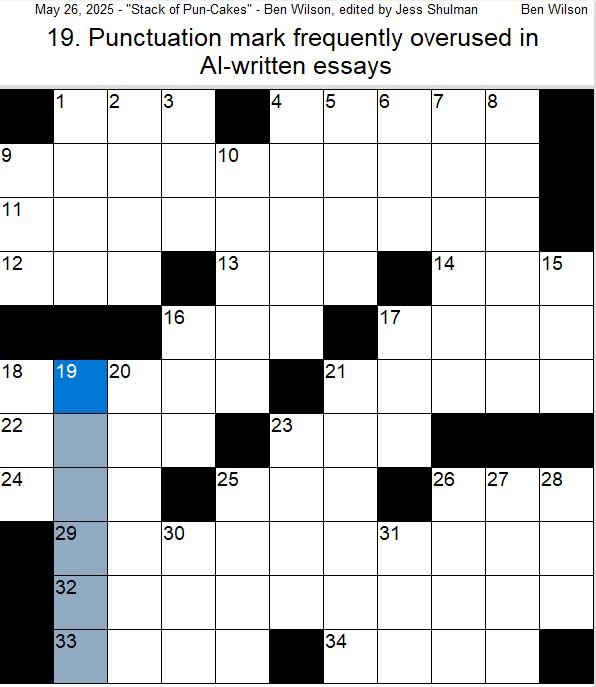 Crossword puzzle with 19-Down highlighted: [Punctuation mark frequently overused in AI-written essays] 