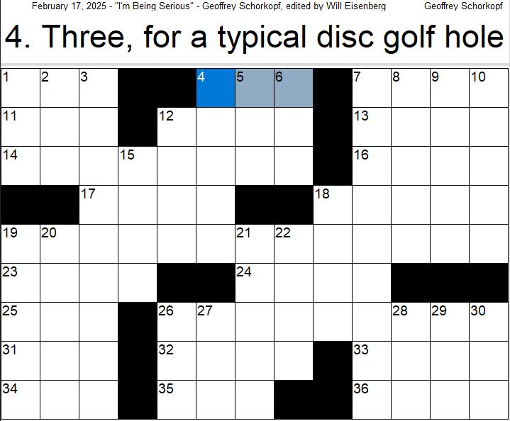 Crossword with 4-Across highlighted: [Three, for a typical disc golf hole] (3 letters)
