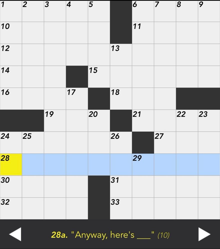 Clue for 28-Across: "Anyway, here's ___" (10 letters)